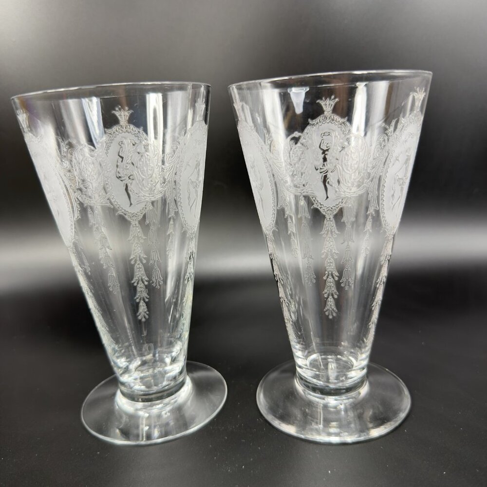 Tiffin Franciscan Classic Shawl Dancer Cameo Etched Nude Dancer Clear Cups Set 2